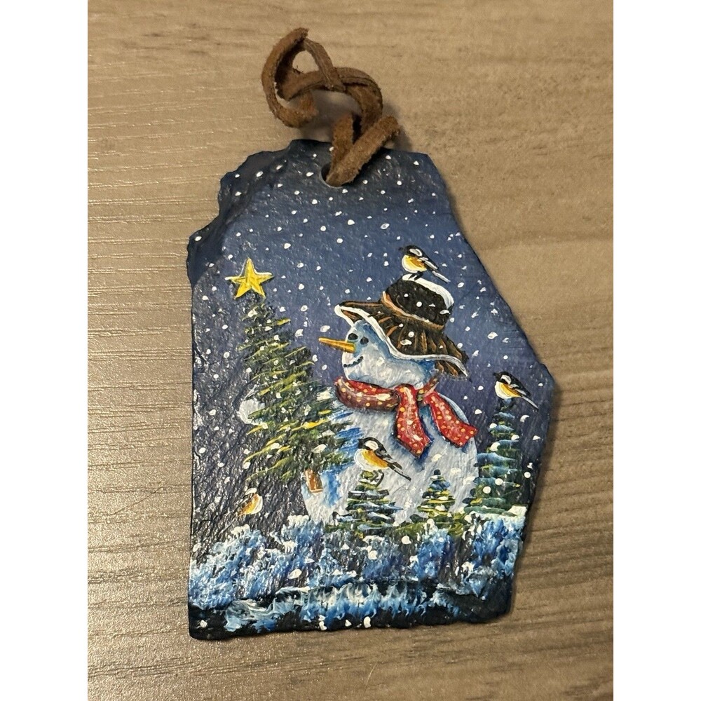 Roof Slate Hand Painted Christmas Snowman Ornament Signed Douglas Gee